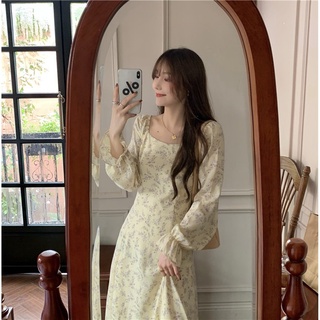 พร้อมส่ง  yellow flora dress C1361 เดรสยาวชีฟอง เดรสยาวลายดอก