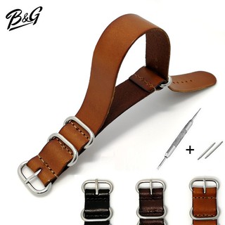 B&amp;G สายนาฬิกา สายซูลู สายหนังวัวแท้ ห่วงสายสีเงิน Zulu Leather Strap มีขนาดกว้าง 18mm,  20mm และ 22mm ให้เลือก