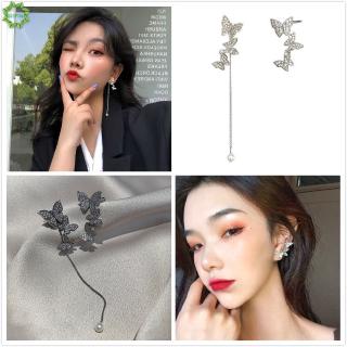 Cod Qipin Fairy Asymmetry Long Tassel Earrings Butterfly Ear Bone Clip Retro Silver Jewelry for Women