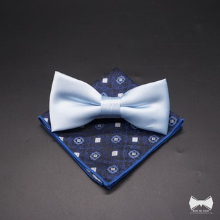 เซ็ทหูกระต่ายซาตินฟ้า + ผ้าเช็ดหน้าสูท-Blue Bowtie + Pocket square Set