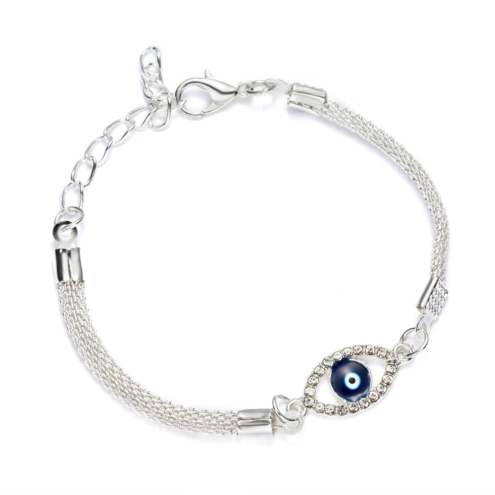 สร้อยข้อมือLuxury Silver Plated Charm Bracelets CZ Crystal Blue Evil
