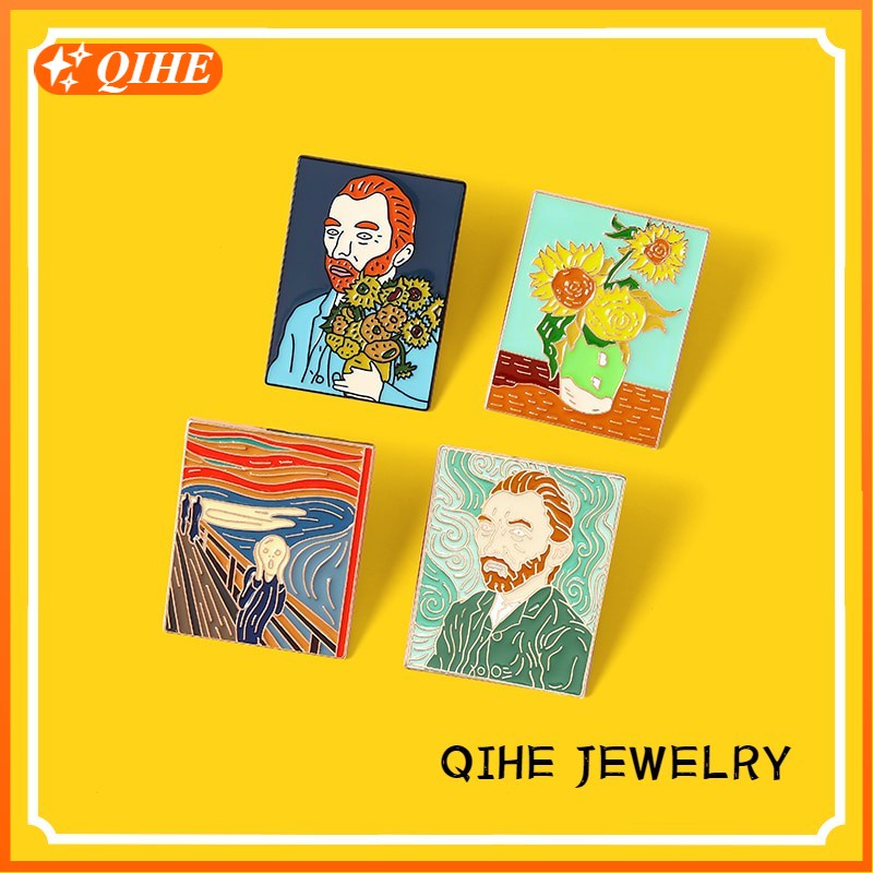 Oil Painting Enamel Pins Custom The Scream Sunflower Van Gogh Brooches Bag Clothes Lapel Pin Badge A