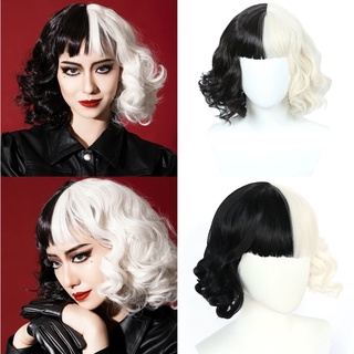 Cruella De Vil วิกผมคอสเพลย์ วิกผมสังเคราะห์ แบบสั้น สีดํา สีขาว พร้อมหน้าม้า สําหรับผู้หญิง ทนความร้อน