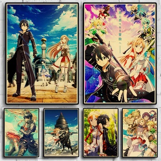 โปสเตอร์กระดาษคราฟท์ ลายการ์ตูนอนิเมะ Sword Art Online สไตล์ญี่ปุ่น เรโทร สําหรับตกแต่งผนังบ้าน บาร์