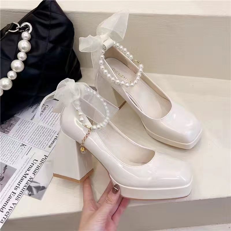 💜35-42 ขนาดใหญ่ แมรี่ เจน รองเท้าส้นสูง 9 ซม. ส้นหนาโบว์หนึ่งคำหัวเข็มขัดสายรัดหัวจรเข้รองเท้าสีดำ / ออฟไวท์
