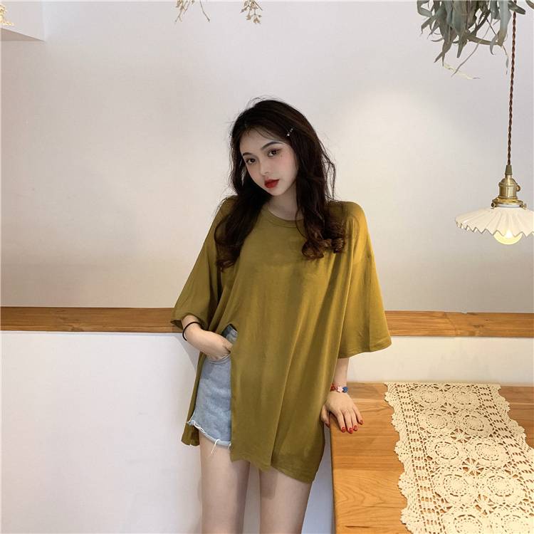 Split Top Loose Half-Sleeved T-Shirt Korean Version chic Trendy Hong ...