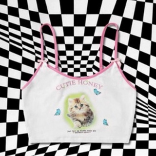 ꙳ ⋆ ⸝⸝ เสื้อสายเดี่ยวลายแมวน่ารักมากก แฟชั่นy2k สีน่ารักมากๆ 🧚‍♀️🌟❕