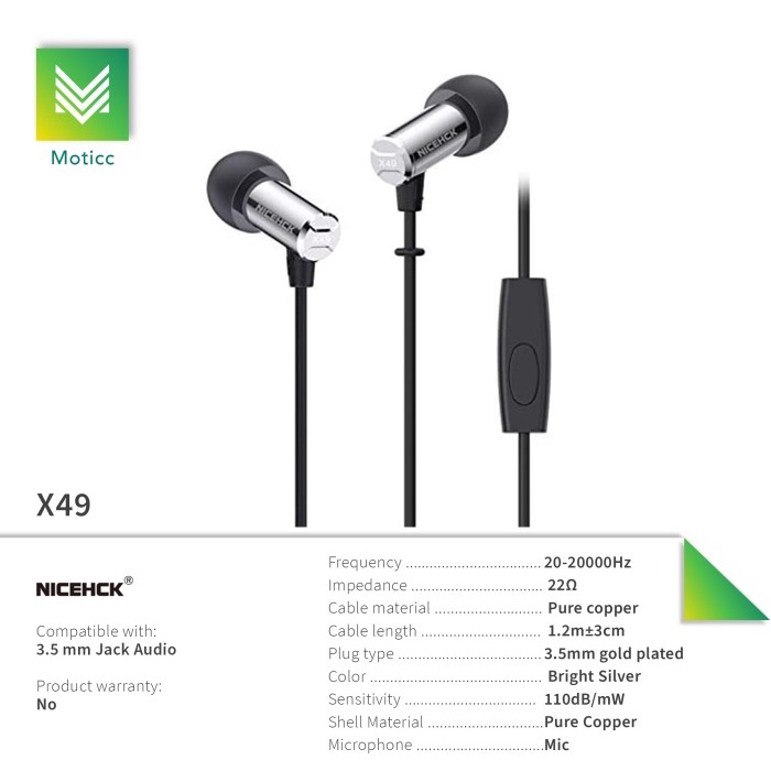 Nicehck X49 พร้อมไมโครโฟนเดี่ยว BA BALANCED ARMATURE DRIVER MINI METAL