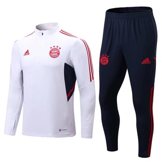 เสื้อกีฬาแขนยาว ผ้าโพลีเอสเตอร์ ลายทีมฟุตบอล Bayern Munich 2022-23 ชุดเยือน มีซิปครึ่งตัว สีขาว คุณภาพสูง สําหรับผู้ชาย ไซซ์ S-2XL