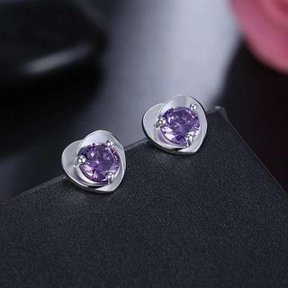 ต่างหูหัวใจเงิน เพชรสีม่วง amethyst