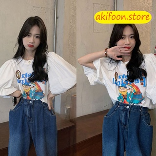 AKIFOON🌷พร้อมส่ง🌷2322&amp; เสื้อยืด เสื้อยืดผญสวยๆ ย้อนยุคเสื้อ oversize เสื้อยืดแขนสั้นพิมพ์ลาย คอกลมแขนสั้น