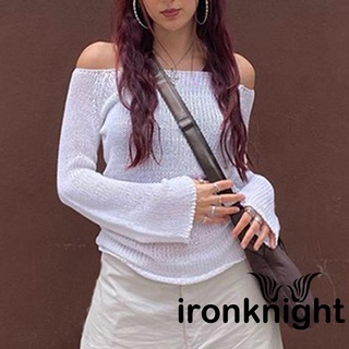 Ironknight-y2k เสื้อถัก คอปาด แขนยาว ทรงหลวม สไตล์วินเทจ สําหรับผู้หญิง