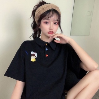 2021 new short-sleeved womens T-shirt loose Korean style versatile polo shirt ins cartoon embroidered top clothes