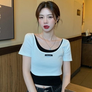 Suxi เสื้อยืดคอกลม แขนสั้น แบบเย็บติดกัน เซ็กซี่ ฤดูร้อน เรียบง่าย สําหรับผู้หญิง