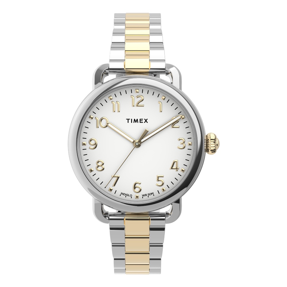 Timex TW2U13800 Standard นาฬิกาข้อมือผู้หญิง สายสแตนเลส สีเงิน/ทอง หน้าปัด 34 มม.