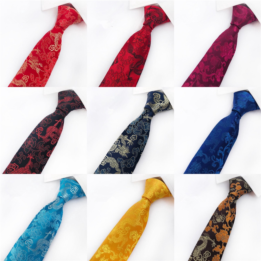 8cm Men's Yunjin Fabric Gold Red Blue Chinese Dragon Wedding Neck Tie Groom Ties
