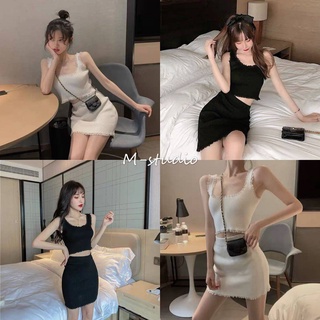 Maze*พร้อมส่ง*สายเดี่ยวขอบลายลูกไม้+กระโปรงขอบลายลูกไม้ รัดรูปได้เซ็กซี่สุดๆ(9109)