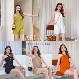 Mute - Carla set ชุดเซ็ต 2ชิ้น เสื้อสายเดี่ยว ไหล่เบี่ยงทรงป้าย+กางเกงขาสั้น ชุดเซ็ตไฮโซไปเที่ยว สายเดี่ยว