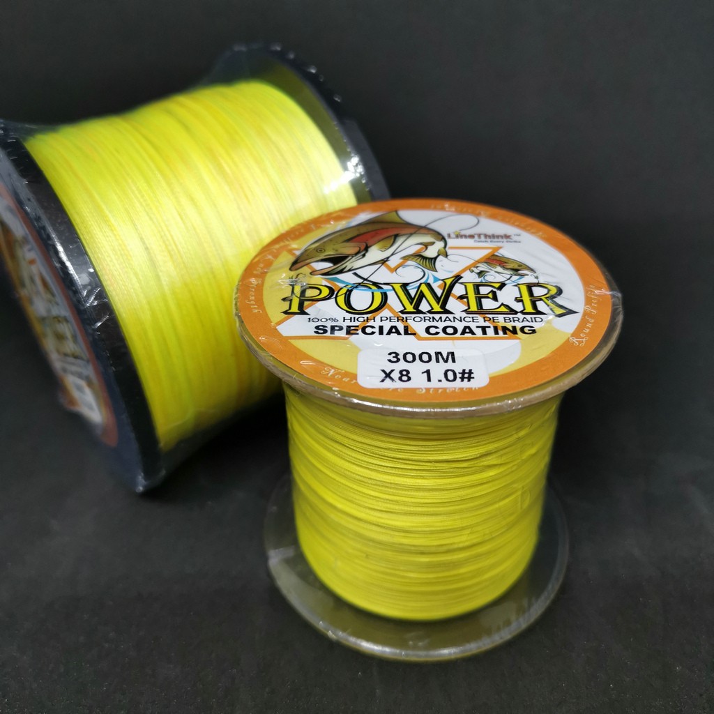 POWER 300เมตร สายตกปลา 100% PE ถัก8เส้น ( X8) เบอร์ 1.0 2.0 3.0 4.0 5.0 6.0 8.0สีเหลือง เหนียวๆ