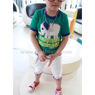 พร้อมส่ง#เสื้อยืดเด็กลายปักช้างและสกรีนสีเขียวขอบคอและแขนสีน้ำเงินงานสกรีนไม่ค่อยเรียบร้อยตามภาพแนบ