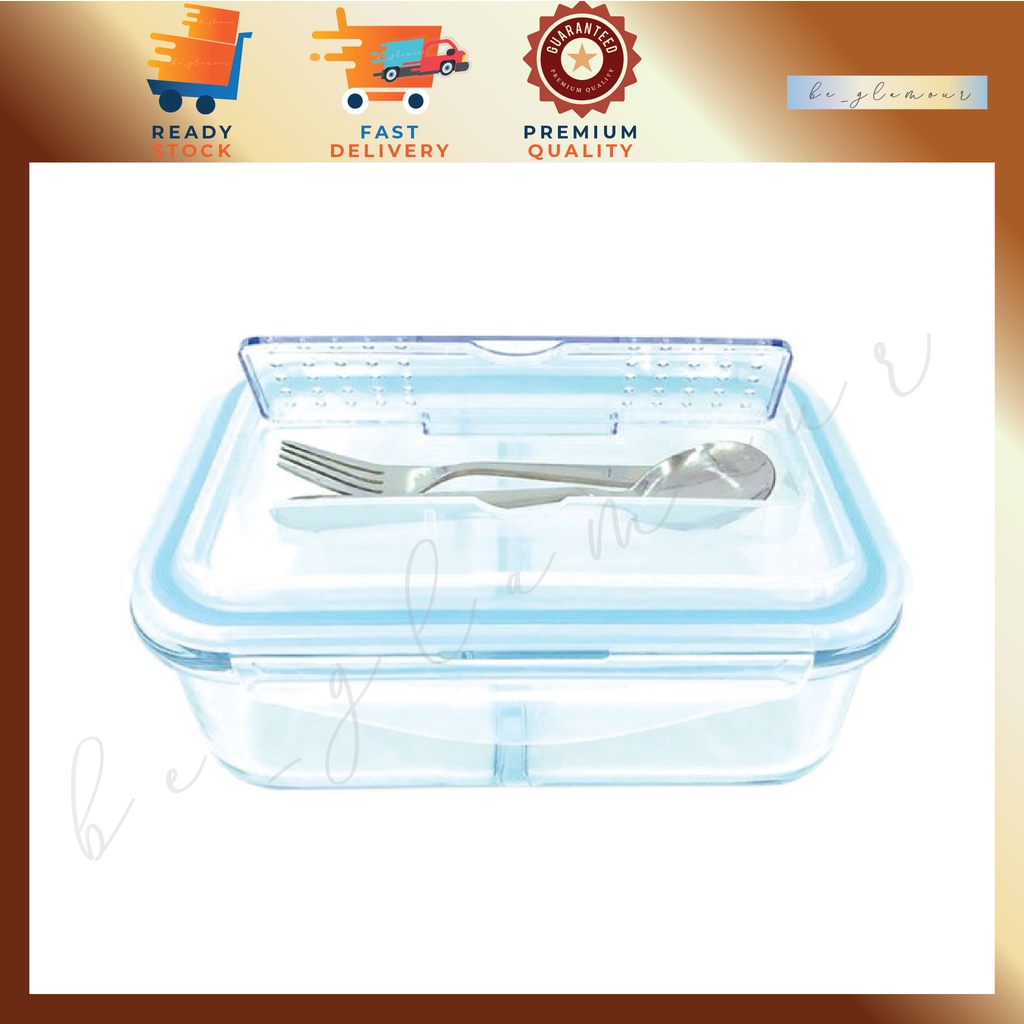 IKOO GLASS กล่องอาหารกลางวันแก้ว 3 ช่อง /w ช้อนส้อมสแตนเลส (1) 1050ml