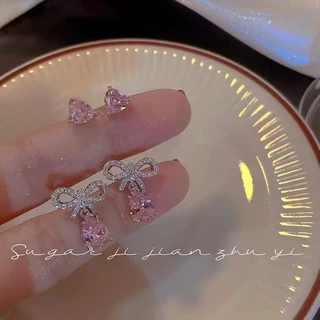 2022 ชุดต่างหูชุดสองชิ้นโบว์กลวงเพทายสีชมพู