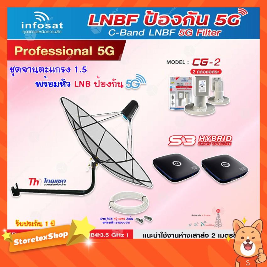 Thaisat C-Band 1.5M (ขางอ 120 cm.Infosat) + Infosat LNB C-Band 5G 2จุด รุ่น CG-2 + PSI S3 HYBRID 2 กล่อง + สายRG6 40 x2