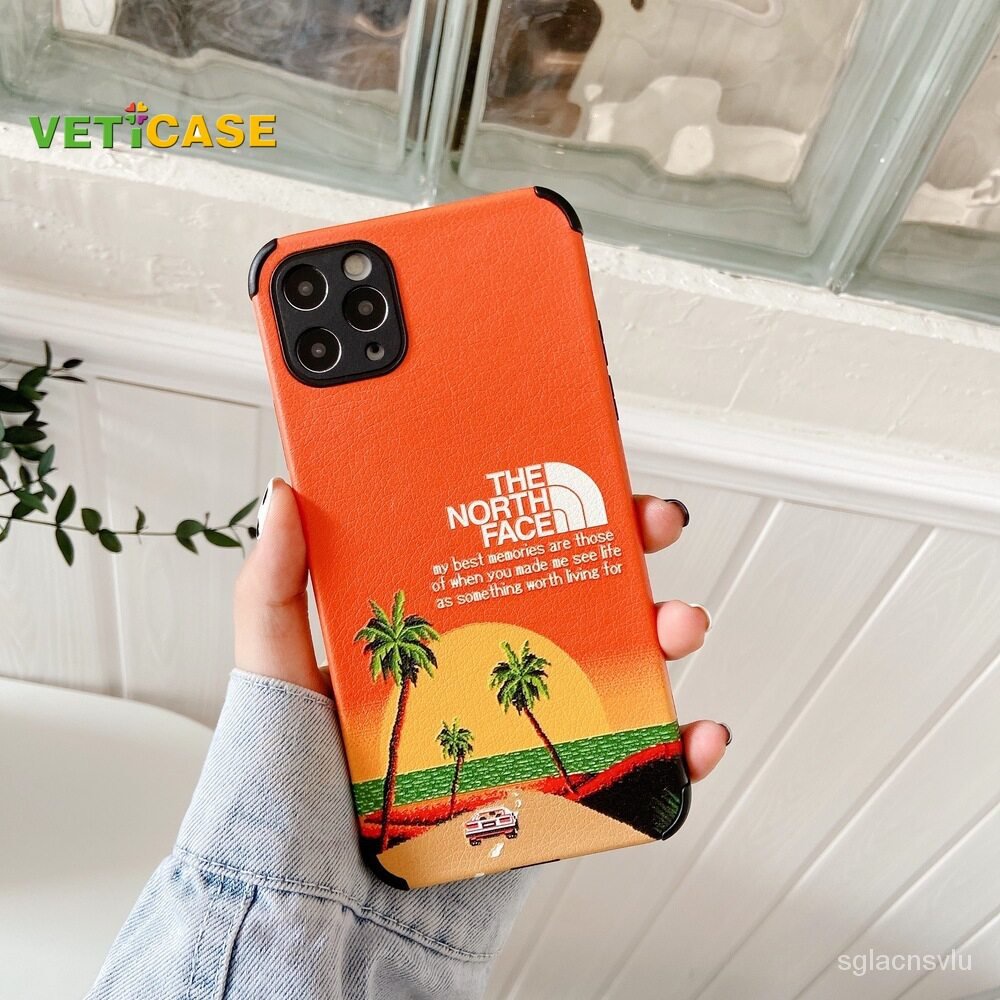 VETICASE Lychee Pattern The North Face Beach Stars Airbag Shockproof Bumper Square Phone Case For iPhone 12 Mini 11 Pro