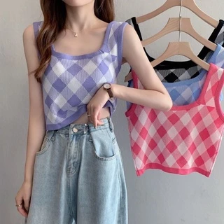 💛💚MKL💛💚 พร้อมส่ง เสื้อครอปไหมพรม ลายตาราง น่ารัก ทรงสวย สไตลเกาหลี มี 4 สีให้เลือก 💙💗 #9185