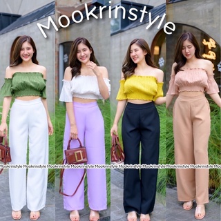 🍊Mookrinstyle 🍊กางเกงขาขาวทรงกระบอก เอวสูง ผ้าเนื้อดีใส่สบาย หน้าเรียบหรู ทรงสวย กางเกงขายาวผู้หญิง