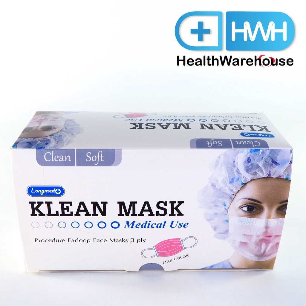 หน้ากากอนามัย Klean Mask Longmed สีชมพู (50ชิ้น/กล่อง) Surgical Mask กระดาษปิดจมูก