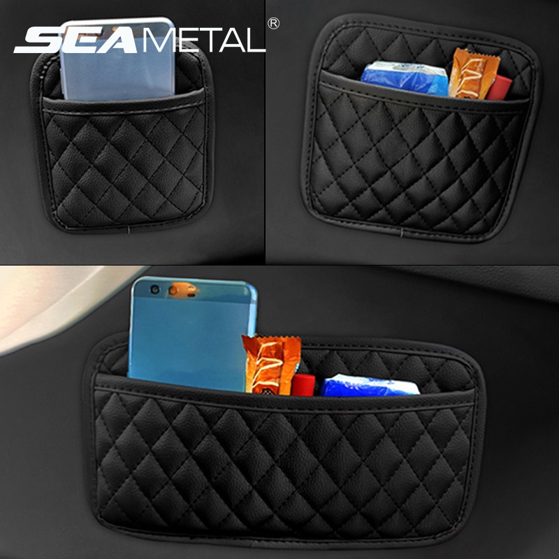 Seametal กระเป๋าหนัง มีกาวในตัว สําหรับจัดเก็บของในรถยนต์ ที่เก็บของหลังเบาะรถยนต์