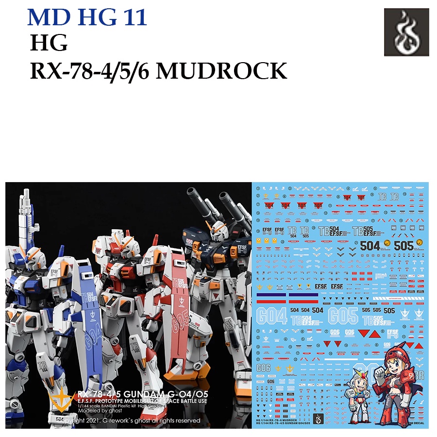 ดีคอลน้ำ [GHOST] HG 11 RX-78 -4//5/6 MUDROCK HG 1/144 (HIQ) Fluorescent WATER DECAL GHG11 GHG 11 HG1