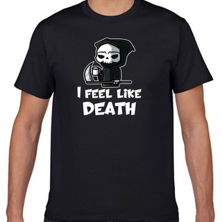 เสื้อยืดคอกลมcrew neckเสื้อยืดผ้าฝ้าย 100% พิมพ์ลายหัวกะโหลก I feel like death Mini screaming HalloweenS-4XL