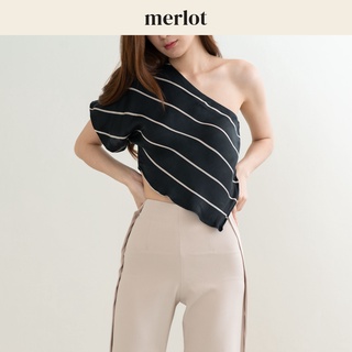 Merlot - Ligne Top (เสื้อปาดไหล่ข้าง ลายทาง สีกรม) พร้อมส่ง