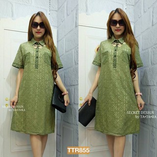 Granddesignplus TTR855*สีเขียว*รอบอก 44" MONOGRAM PREMIUM LACE SHIRT DRESS