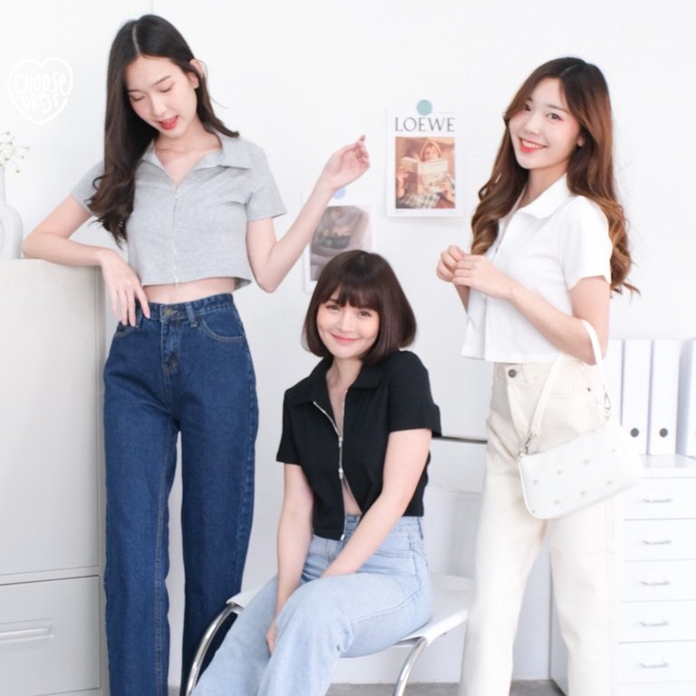 Choosedress A1530 เสื้อแขนสั้นคอปกซิปหน้าทรงครอปสั้น  เสื้อแขนสั้น ทรงครอป เสื้อครอป