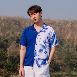 เสื้อฮาวายมัดย้อมลายทูโทนหินแตก เสื้อมัดย้อมผู้ชาย ย้อมครามธรรมชาติ ผ้าแมมเบิร์ด ชุดไปเที่ยว เสื้อไปทะเลชาย