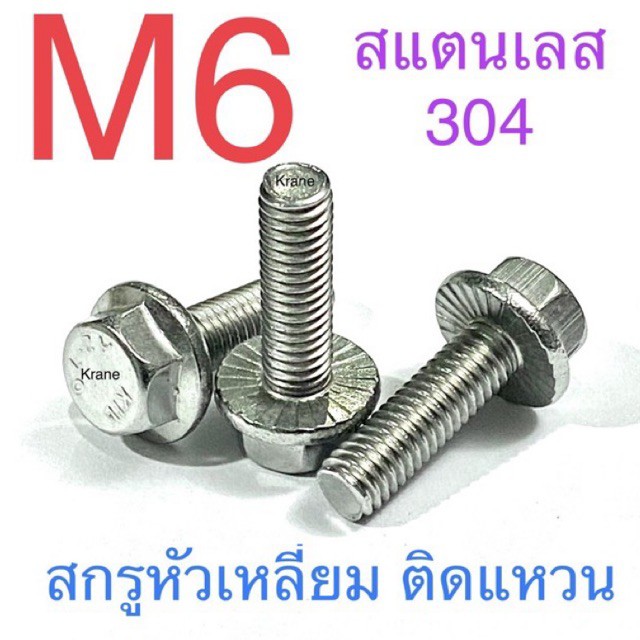 สกรูหัวเหลี่ยม ติดแหวน สแตนเลส M6 เกลียว 1.0 ยาว 8 - 50 มิล