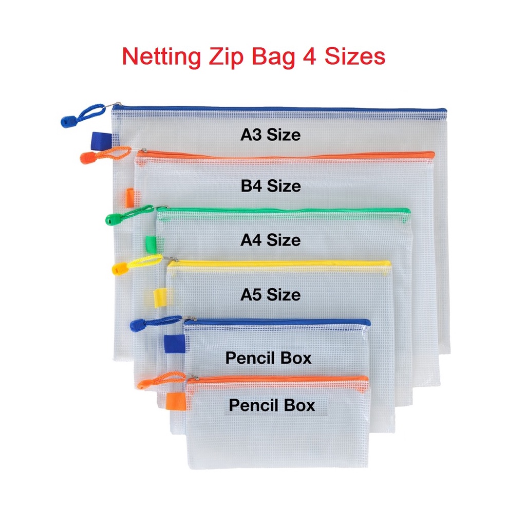 Fail Buku Sekolah Viral Transparent Netting Zip Bag / Pen Holder / A5 / A4 / B4 / A3