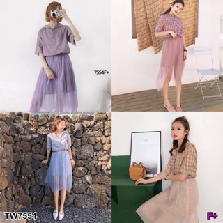 TwinsShopVip💗พร้อมส่ง TW7554 set เสื้อมีฮู้ด + กระโปรงแต่งมุ้งลายสก็อต ****สอบถามก่อนสั่งซื้อ