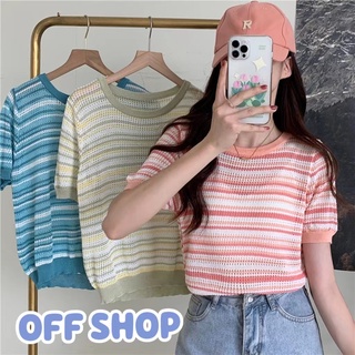 OFF SHOP พร้อมส่ง (OFF-91007) เสื้อแขนสั้นไหมพรม คอกลมลายทางน่ารักสีพาสเทล