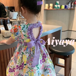 Aiyaya เดรชเด็กผู้หญิง ชุดเดสเด็กผู้หญิงเกาหลี เดรสลายดอกไม้ลายหัวใจสีม่วง 0195