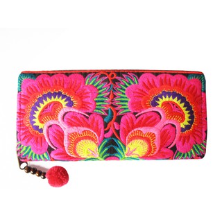 Flowers Shocking Pink Zip Around Continental Wallet กระเป๋าสตางค์ใบยาวสไตล์โบฮีเมียน (ผ้าลายปักดอกไม้สีชมพูบานเย็น)