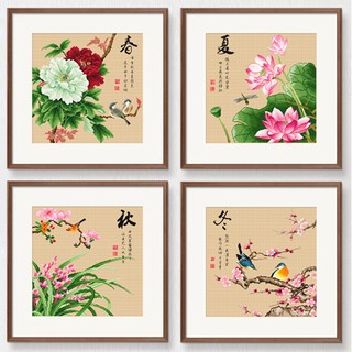 ชุดปักครอสติชพิมพ์ลาย 4 ฤดู ดอกโบตั๋น ดอกบัว กล้วยไม้ พลัม (peony, lotus, orchid, plum cross stitch kit)