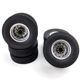 Wheel Set Metal Alloy Rear Wheel Hub Rims + 22mm Width Rubber Tires for 1/14 Tamiya RC Trailer Tractor Truck Parts