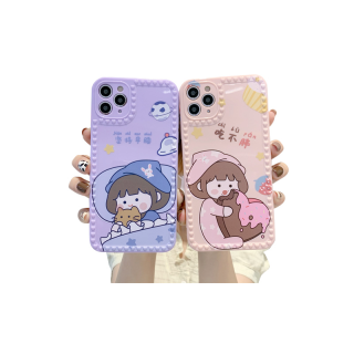 เคสโทรศัพท์ แบบซิลิโคนหนานิ่ม ขอบ 3 มิติ ลายเด็กผู้หญิงในชุดนอน สีม่วงน่ารัก ป้องกันกล้อง สำหรับ iphone 6s 7 8 plus se 2020 11 12 pro mini xs max