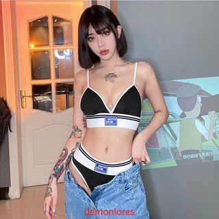 DEMQ-2Pcs Women Underwear Suit Letters Embroidery Spaghetti Strap Bra + High-Waist Briefs