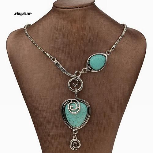 SKYSTAR_Women's Vintage Charm Heart Bib Collar Statement Pendant Turquoise Necklace