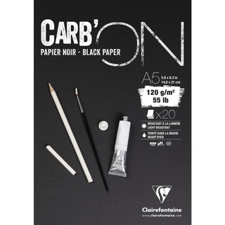 Clairefontaine CarbON กระดาษวาดเขียนสีดำ 120 แกรม สำหรับดินสอ สีชอล์ก และดรายเทคนิค A5 Glued pad 20sh 120g 975038C